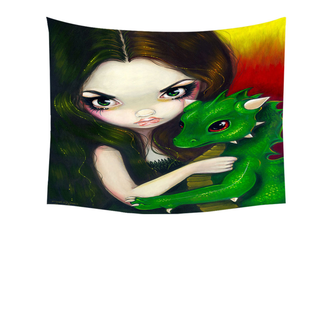 Fantasy Art Girl and Baby Green Dragon Tapestry