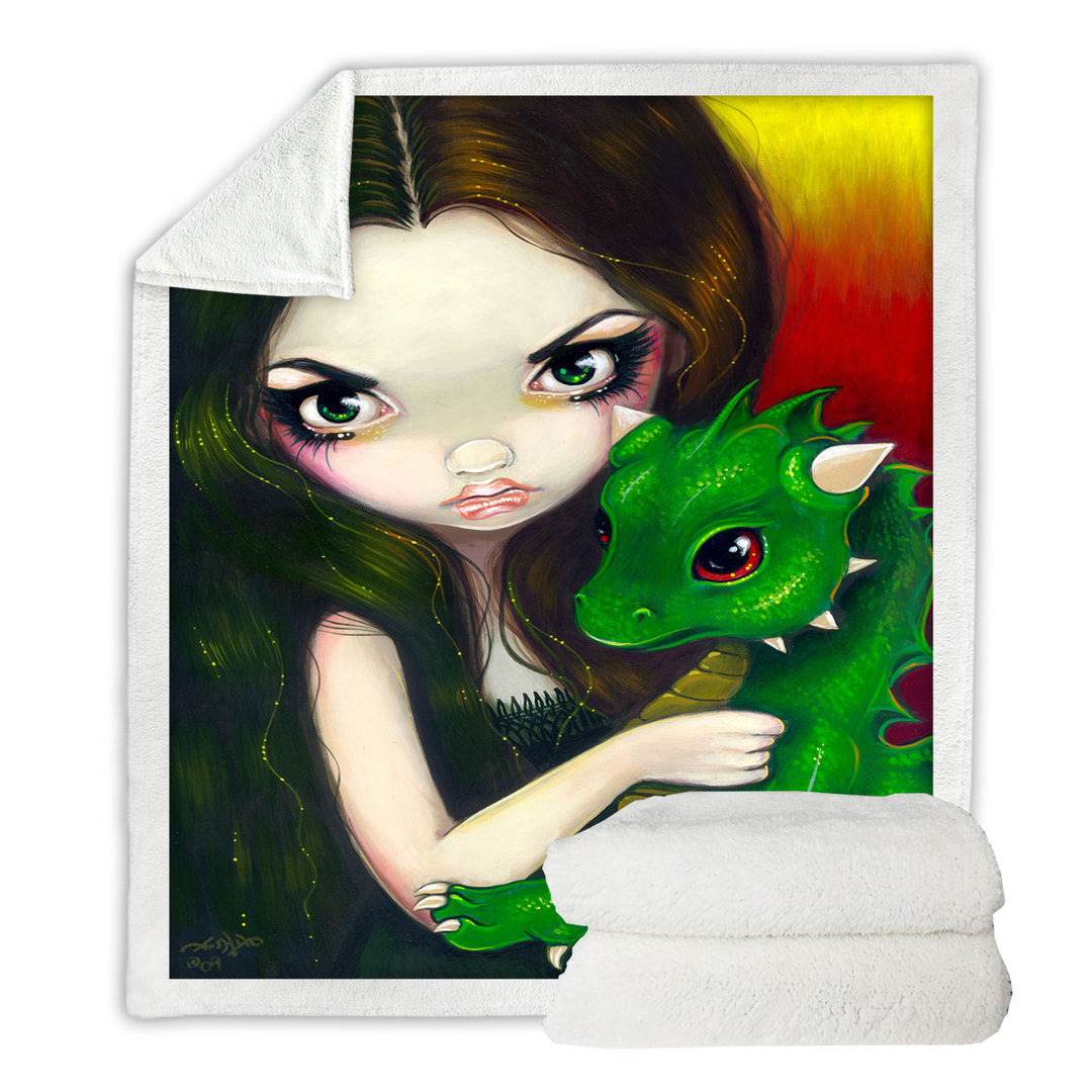 Fantasy Art Girl and Baby Green Dragon Throw Blanket