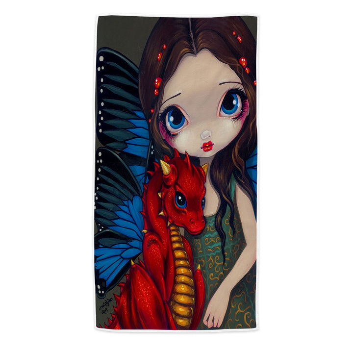 Fantasy Art Girl and Baby Red Dragon Beach Towels