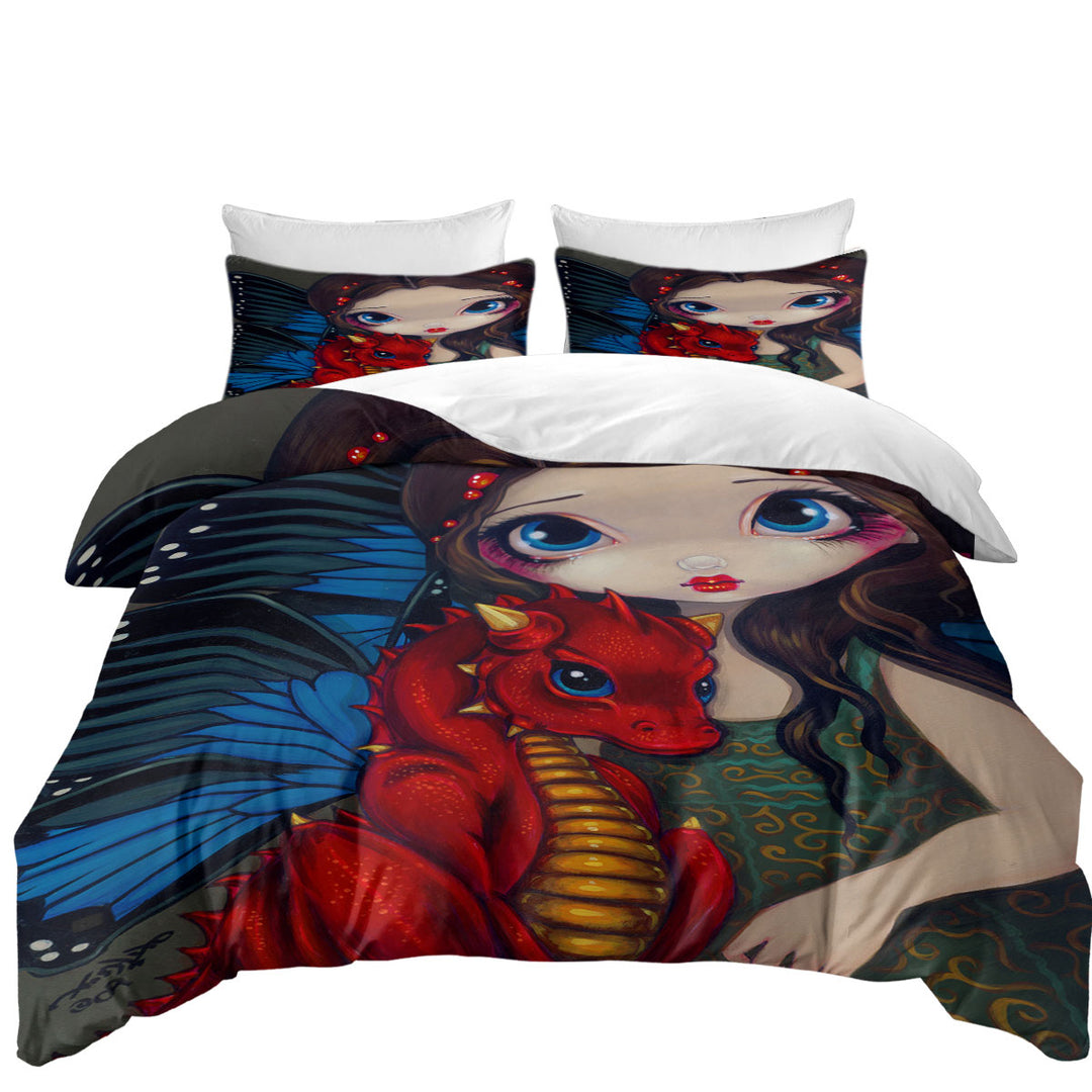 Fantasy Art Girl and Baby Red Dragon Duvet Cover sale