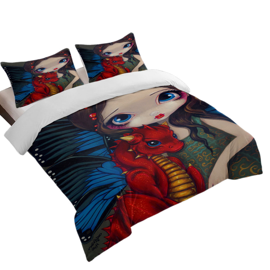 Fantasy Art Girl and Baby Red Dragon Quilt Cover