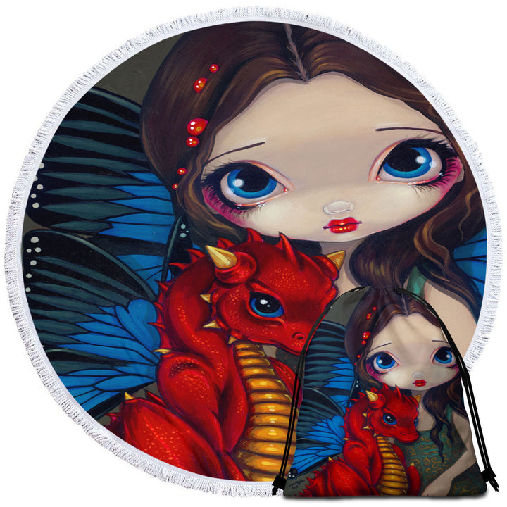 Fantasy Art Girl and Baby Red Dragon Round Beach Towel