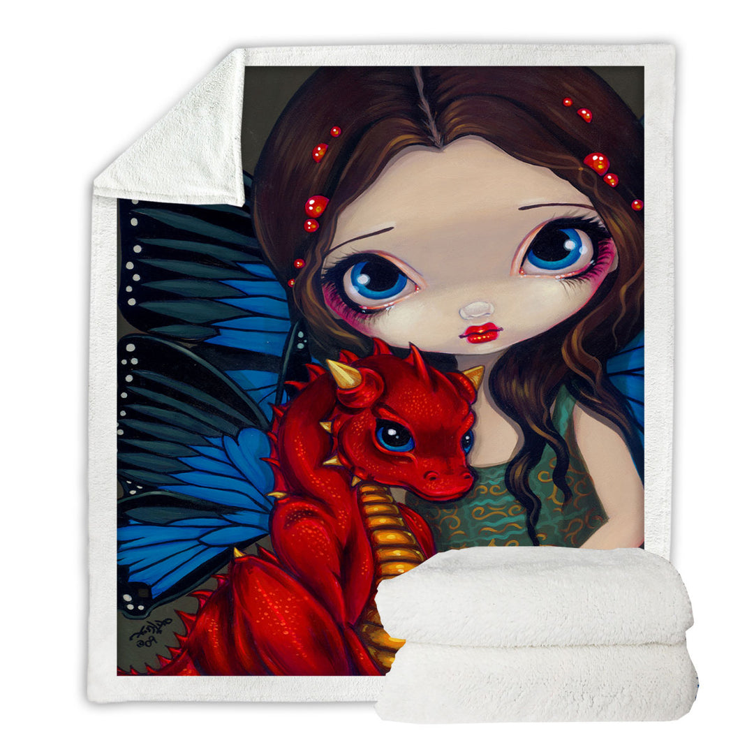 Fantasy Art Girl and Baby Red Dragon Sherpa Blanket