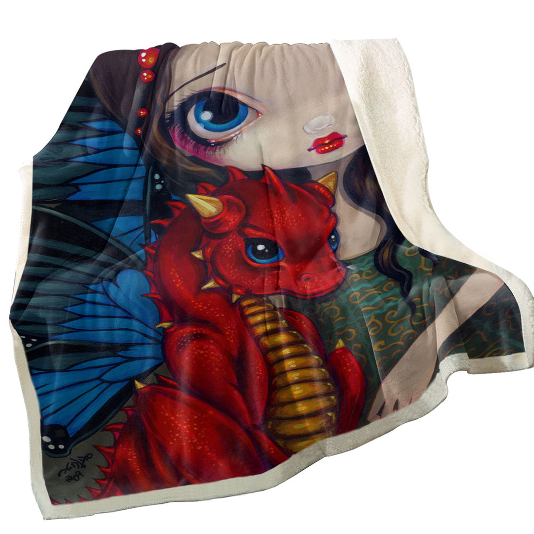 Fantasy Art Girl and Baby Red Dragon Sofa Blankets