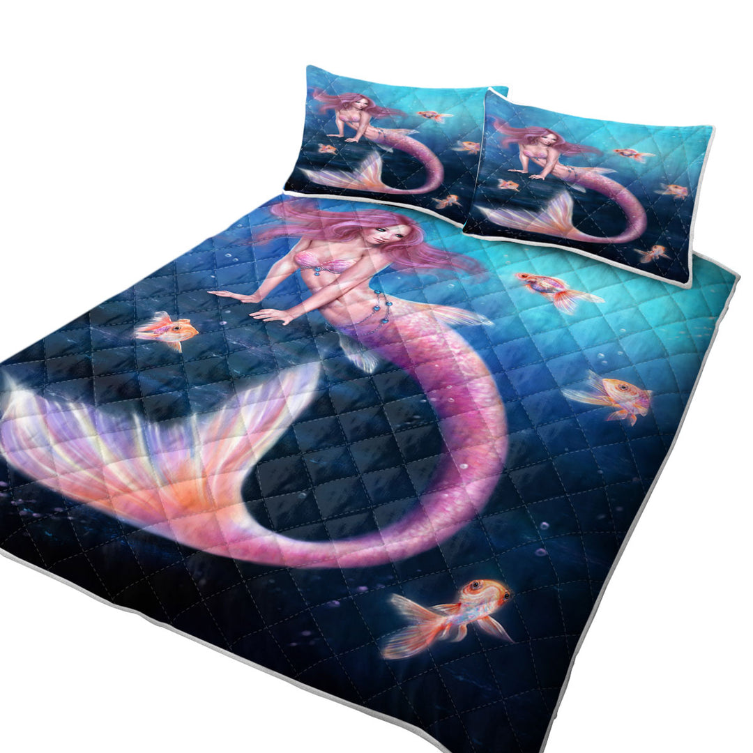 Fantasy Art Gold Fish and Beautiful Pinkish Mermaid Coverlet