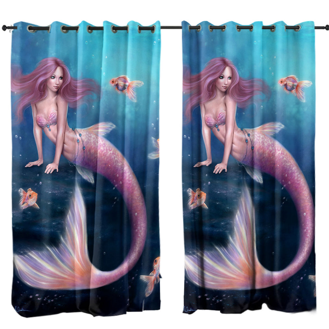 Fantasy Art Gold Fish and Beautiful Pinkish Mermaid Curtains