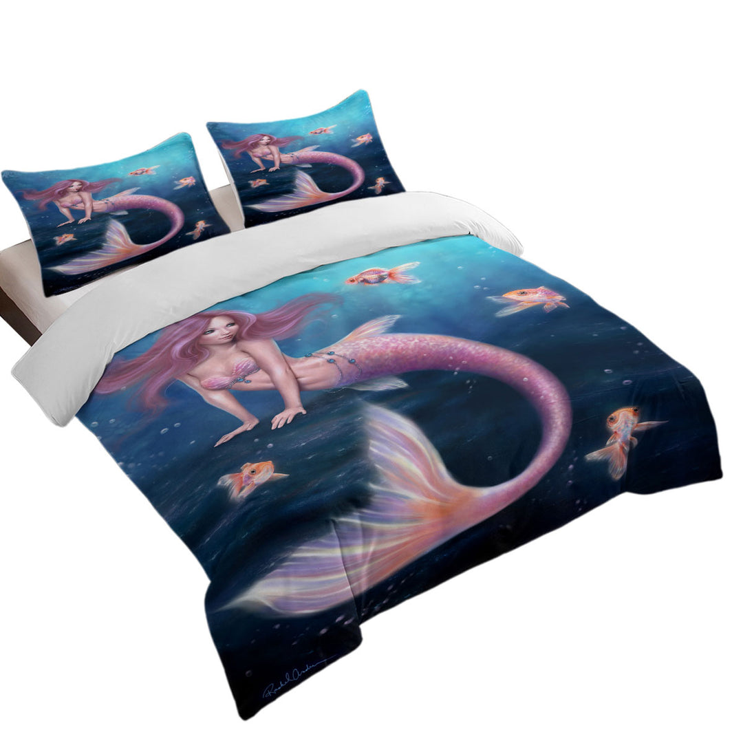 Fantasy Art Gold Fish and Beautiful Pinkish Mermaid Duvet Covers