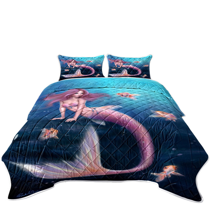 Fantasy Art Gold Fish and Beautiful Pinkish Mermaid King Size Quilt