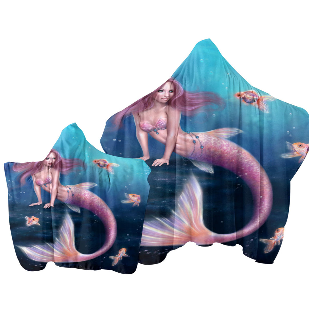 Fantasy Art Gold Fish and Beautiful Pinkish Mermaid Towel with Hood