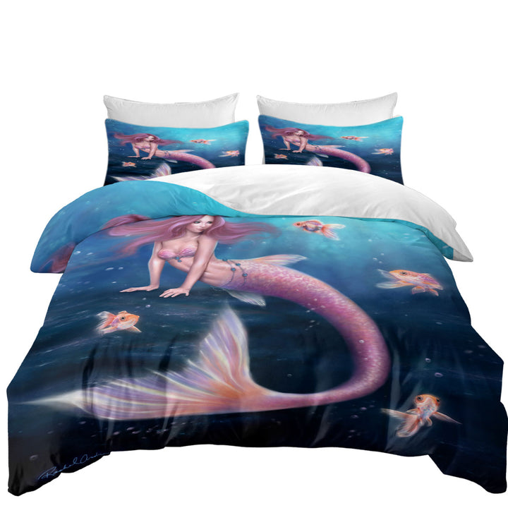 Fantasy Art Gold Fish and Beautiful Pinkish Mermaid full Size Duvet Cover