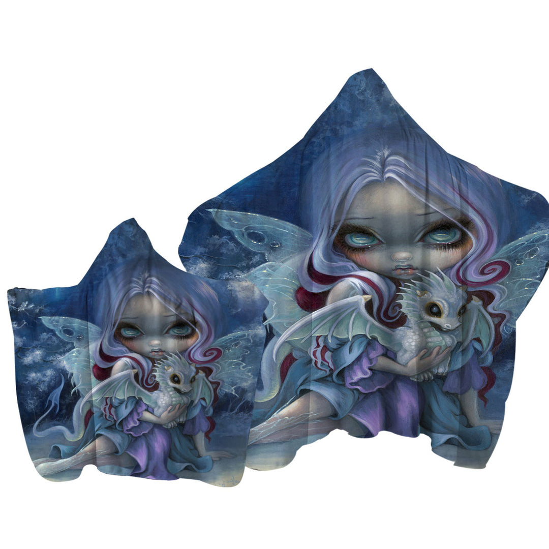 Fantasy Art Gorgeous Fairy and Wintry Dragonling Hooded Beach Towel