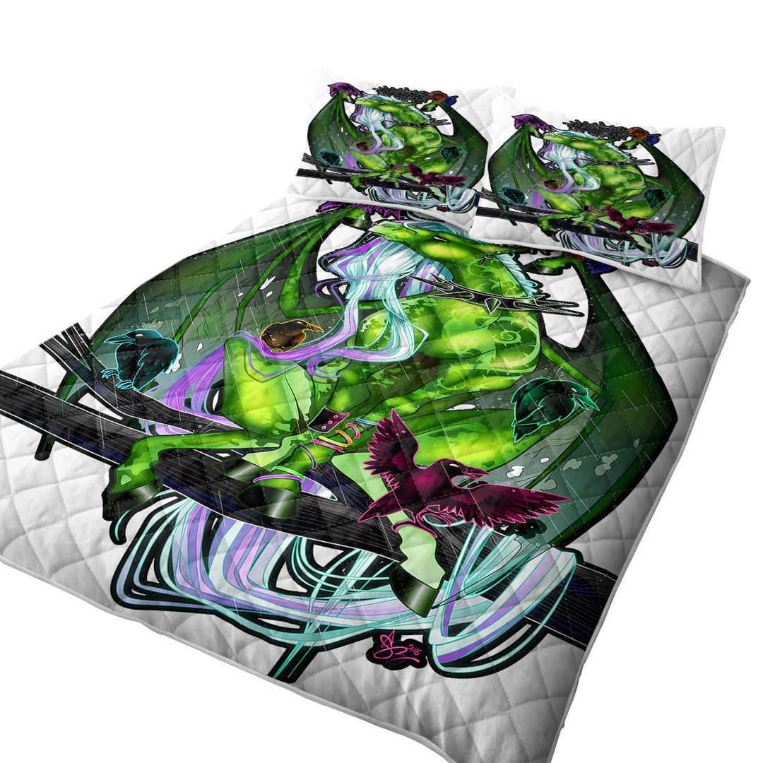 Fantasy Art Green Dragon and Crows California King Quilt Sets