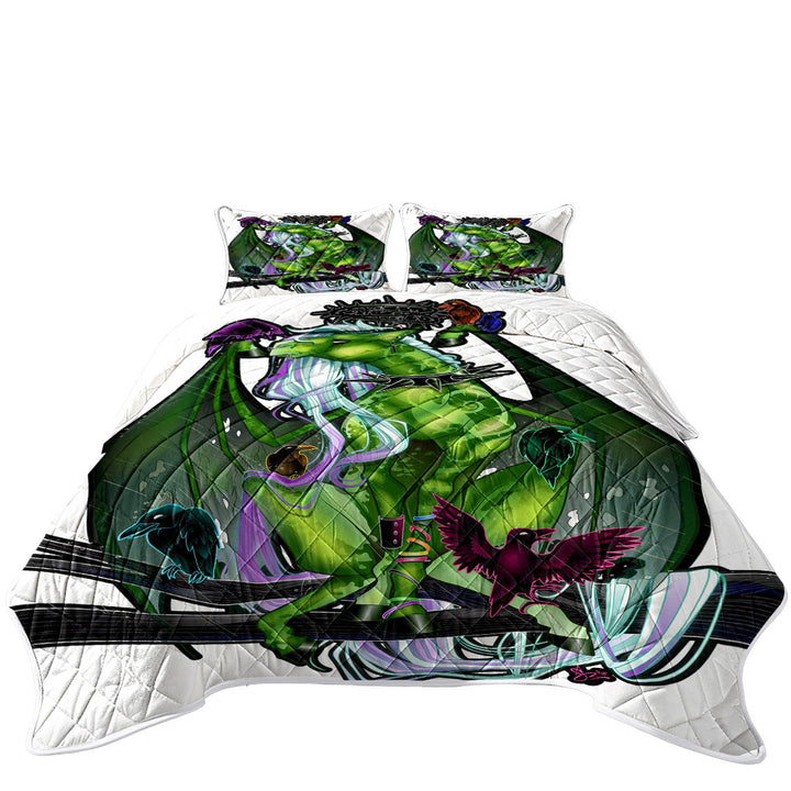 Fantasy Art Green Dragon and Crows Quilt