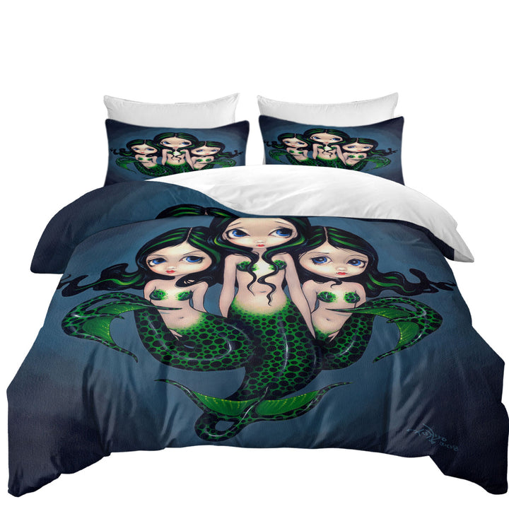 Fantasy Art Green Mermaid Triplets Duvet Cover