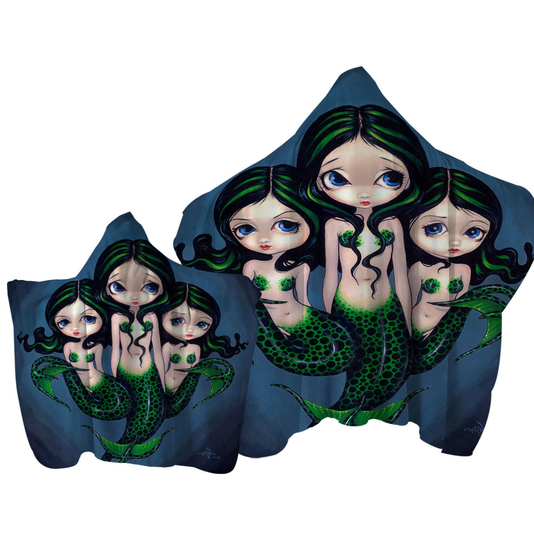 Fantasy Art Green Mermaid Triplets Hooded Beach Towel