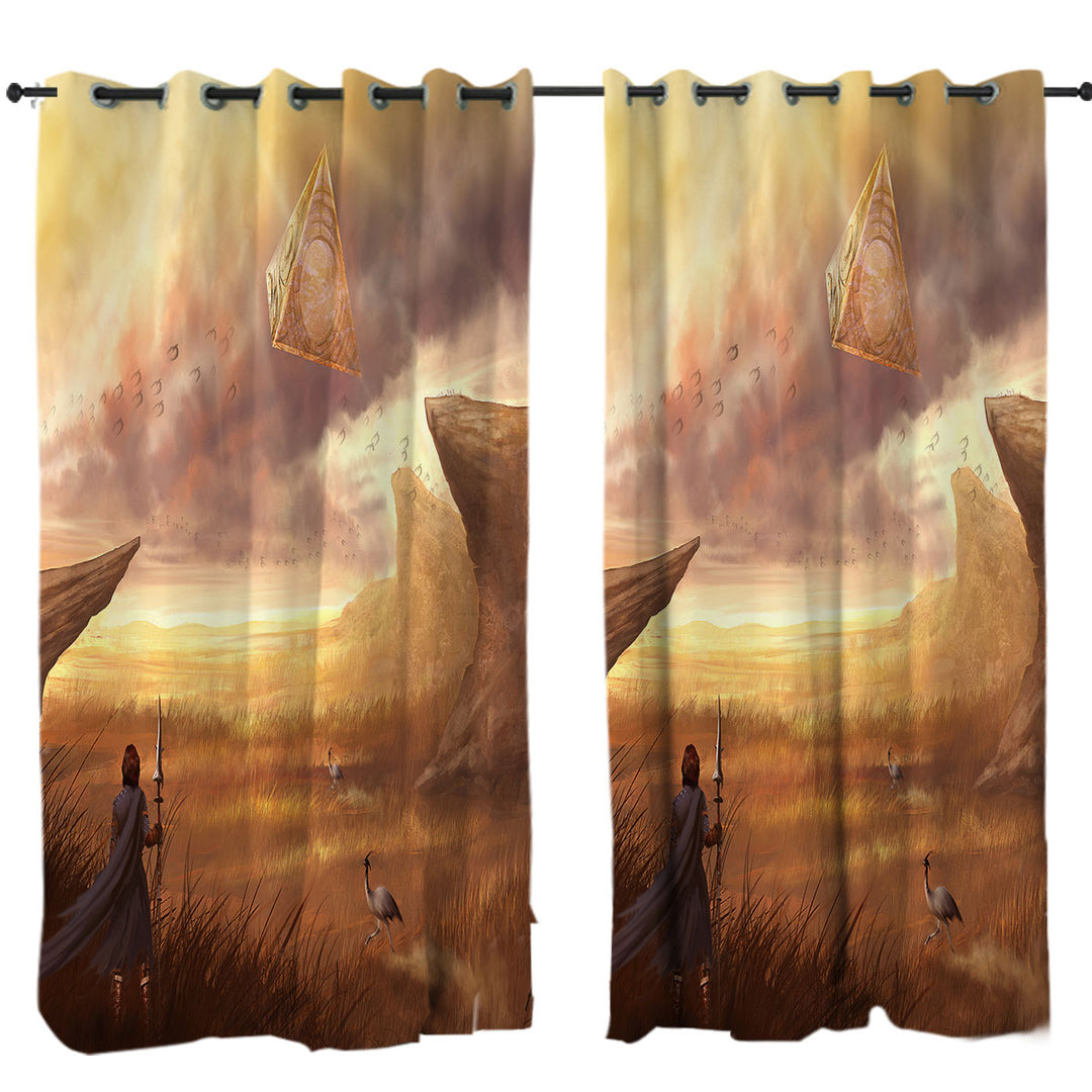 Fantasy Art Hovering Pyramid above Warrior Curtains for Living Room