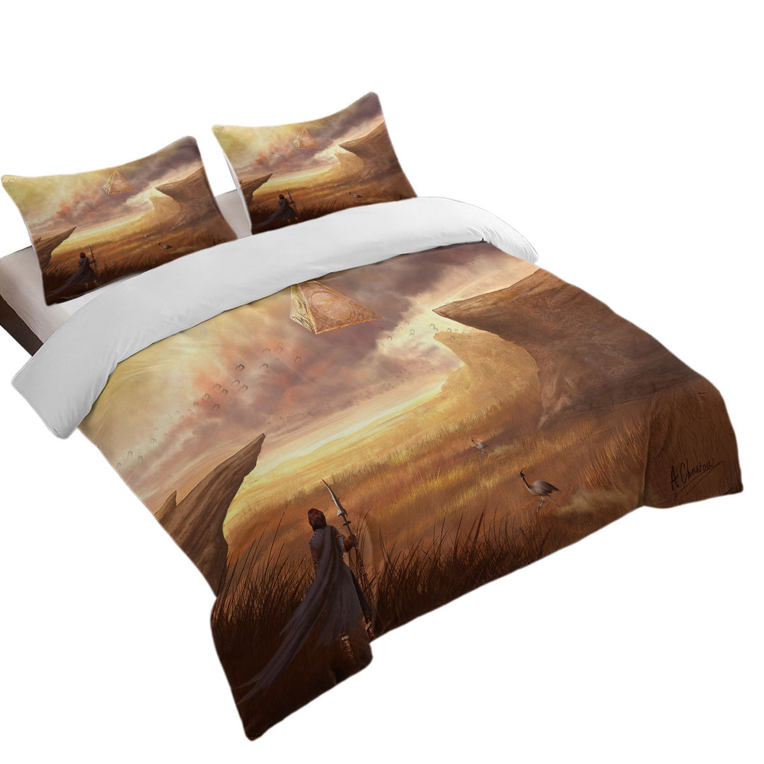 Fantasy Art Hovering Pyramid above Warrior Duvet Covers