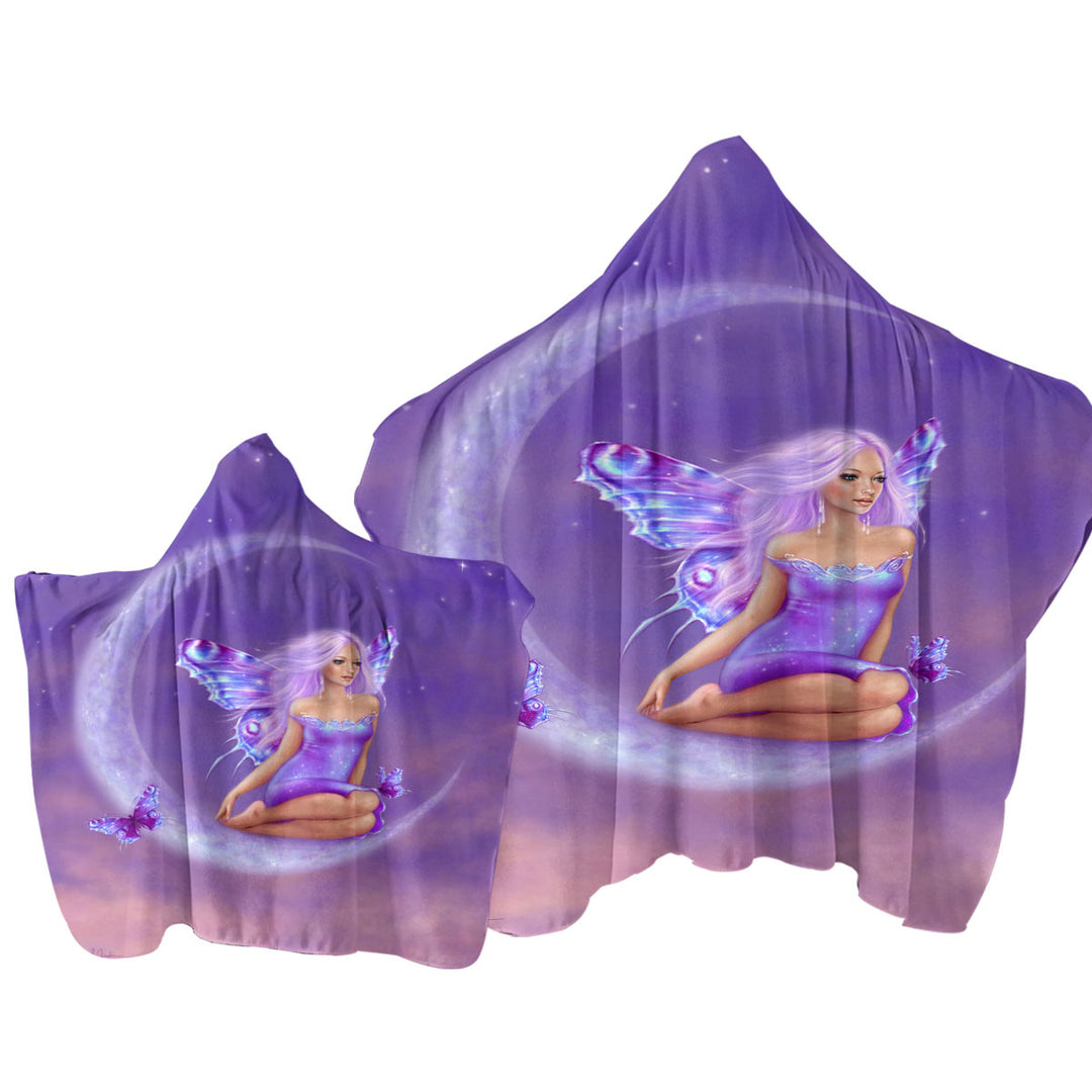 Fantasy Art Lavender Moon and Pretty Butterfly Girl Hooded Beach Towel