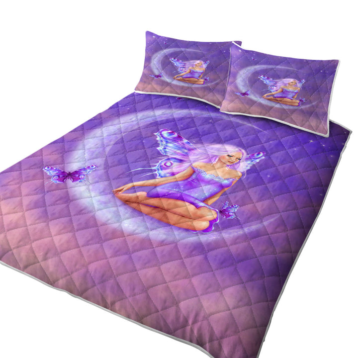 Fantasy Art Lavender Moon and Pretty Butterfly Girl Quilt