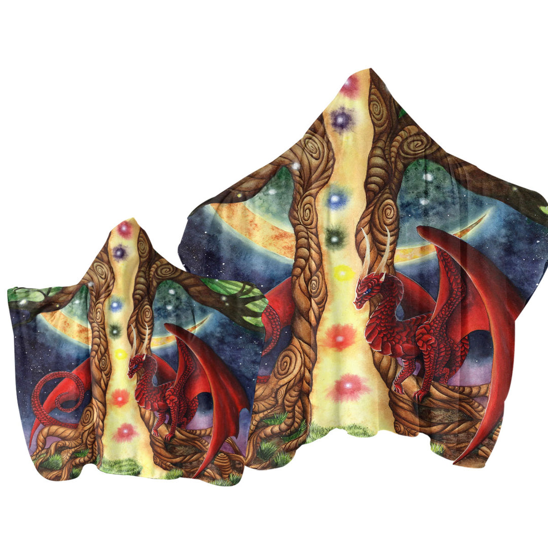 Fantasy Art Morning vs Night Tree and Red Dragon Hooded Beach Towel