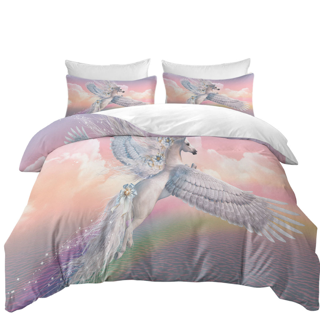 Fantasy Art Over the Rainbow Flying White Horse Duvet Cover