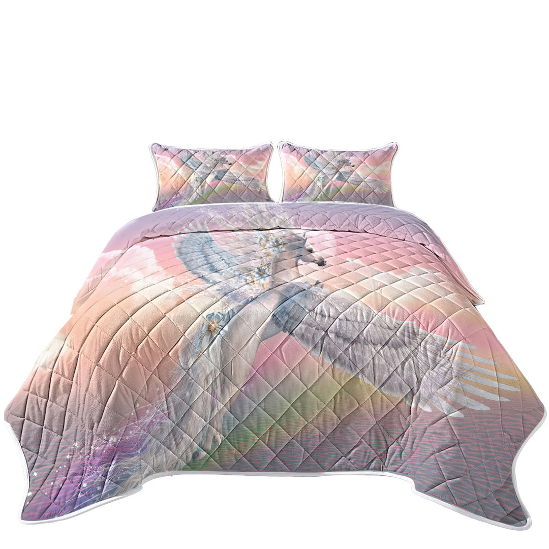 Fantasy Art Over the Rainbow Flying White Horse Quilt