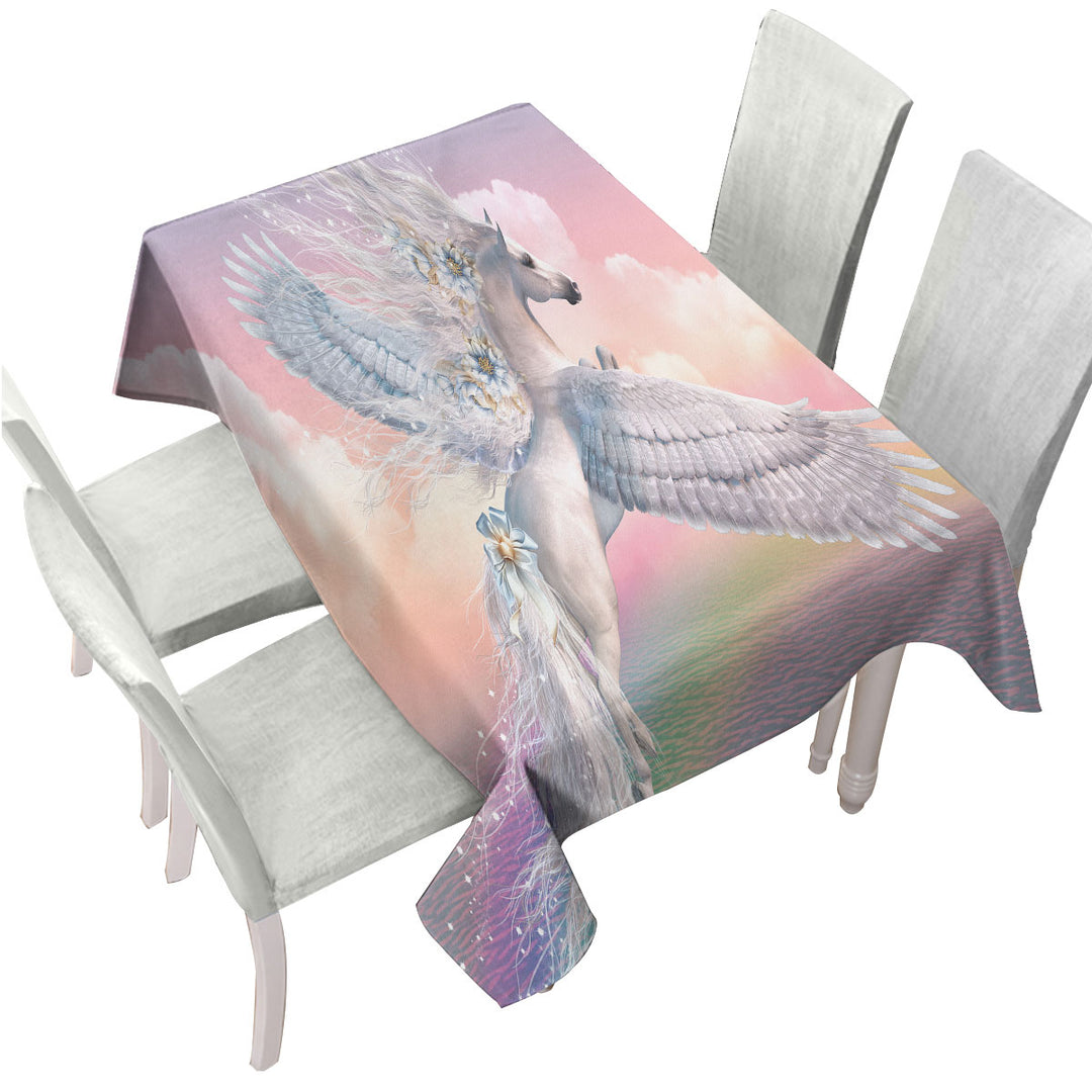 Fantasy Art Over the Rainbow Flying White Horse Table Cover