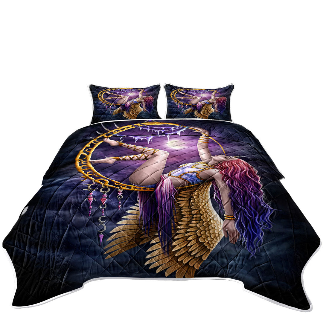 Fantasy Art Purplish Moon Light Aerial Angel Coverlets