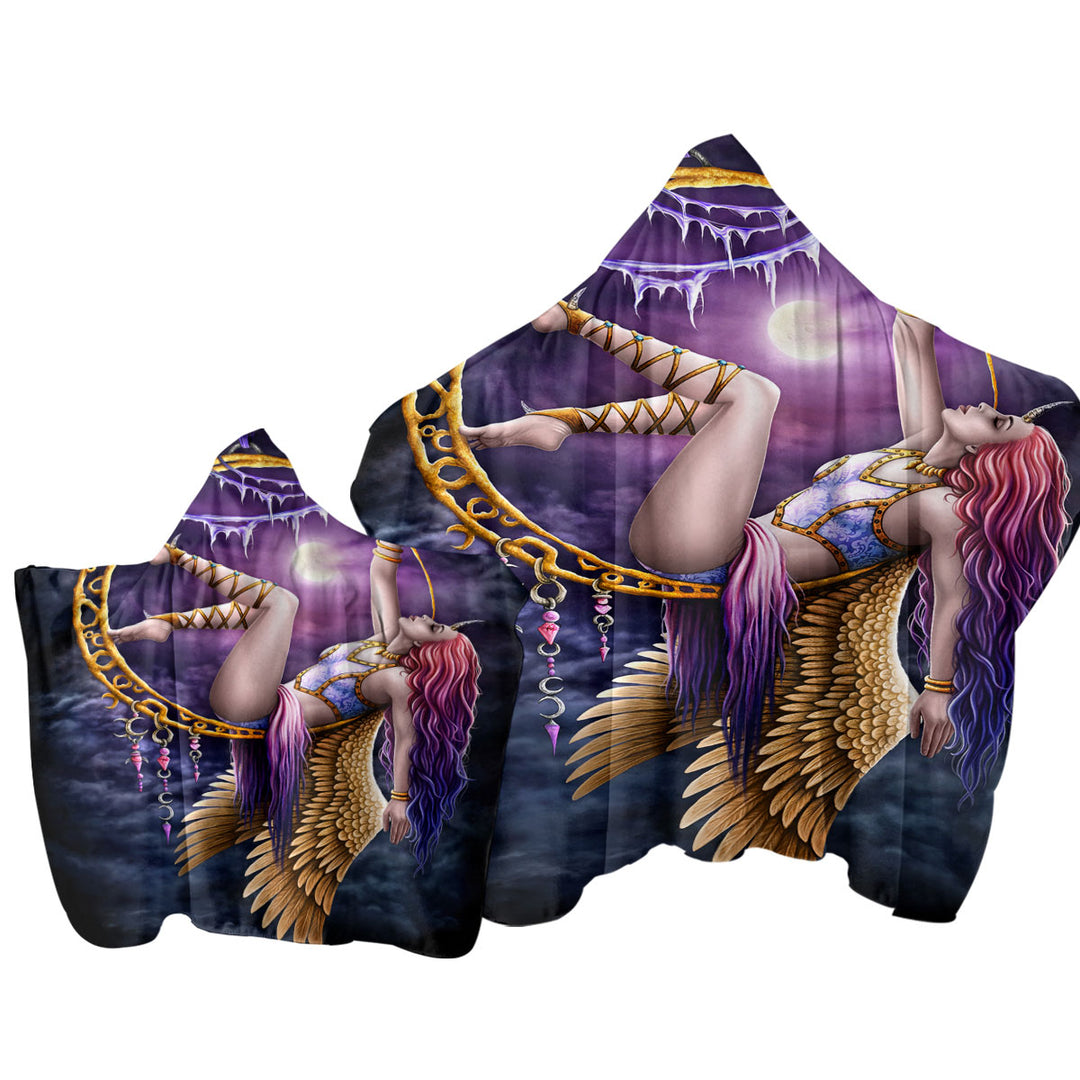 Fantasy Art Purplish Moon Light Aerial Angel Hooded Beach Towel