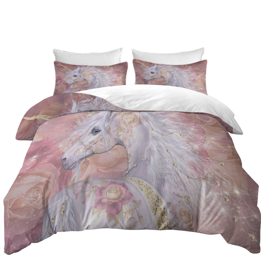 Fantasy Art Rosy Magical Unicorn and Roses California King Duvet Cover