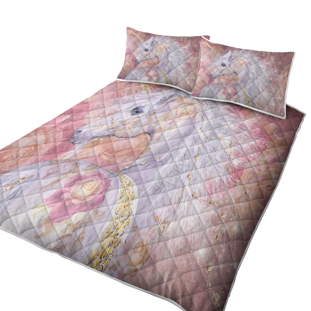 Fantasy Art Rosy Magical Unicorn and Roses Coverlet