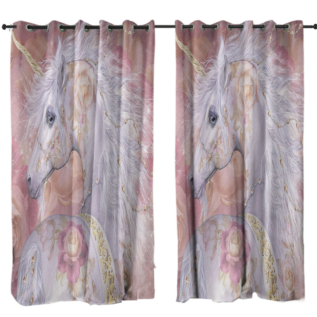 Fantasy Art Rosy Magical Unicorn and Roses Drapery