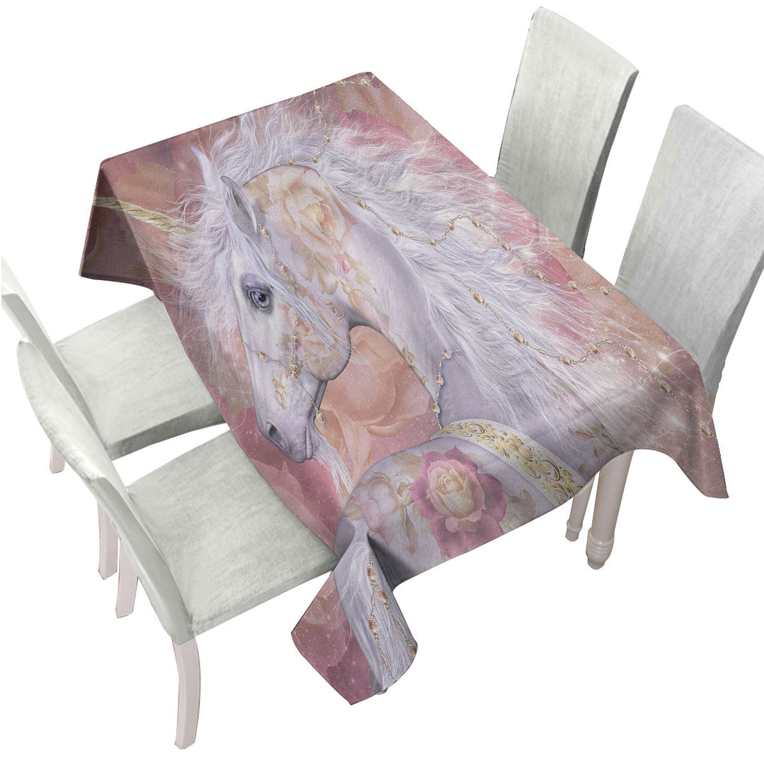 Fantasy Art Rosy Magical Unicorn and Roses Tablecloth