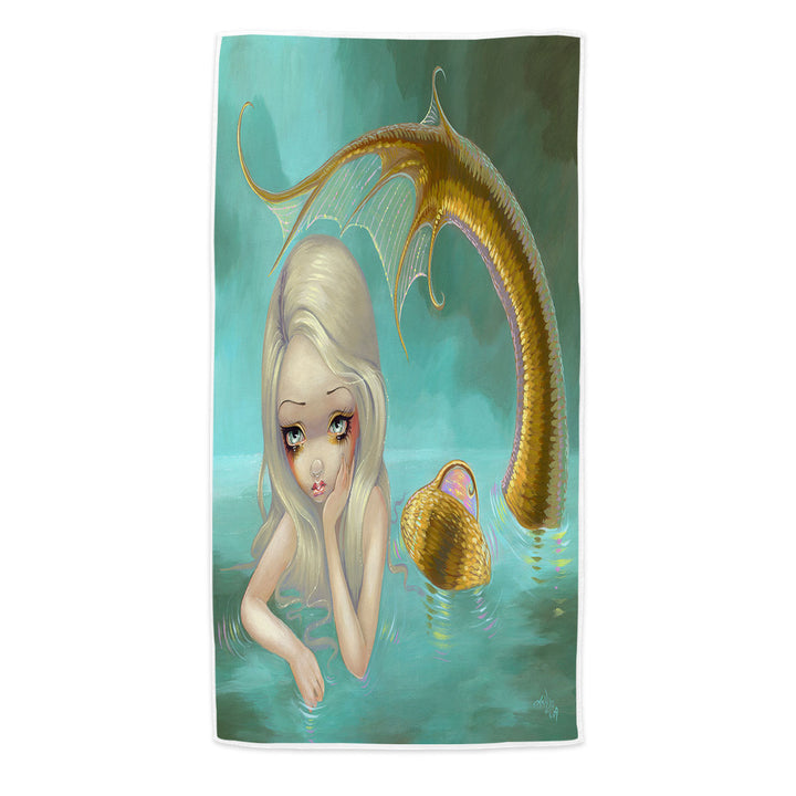 Fantasy Art Sad Looking Golden Mermaid Beach Towel