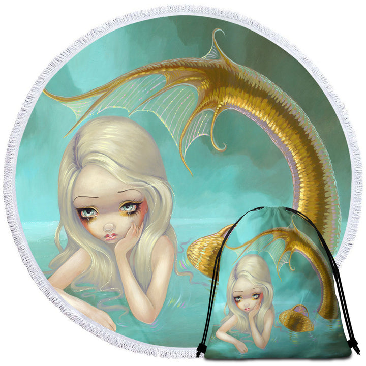 Fantasy Art Sad Looking Golden Mermaid Beach Towels and Bags Set