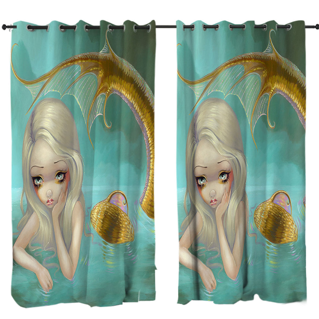 Fantasy Art Sad Looking Golden Mermaid Curtain