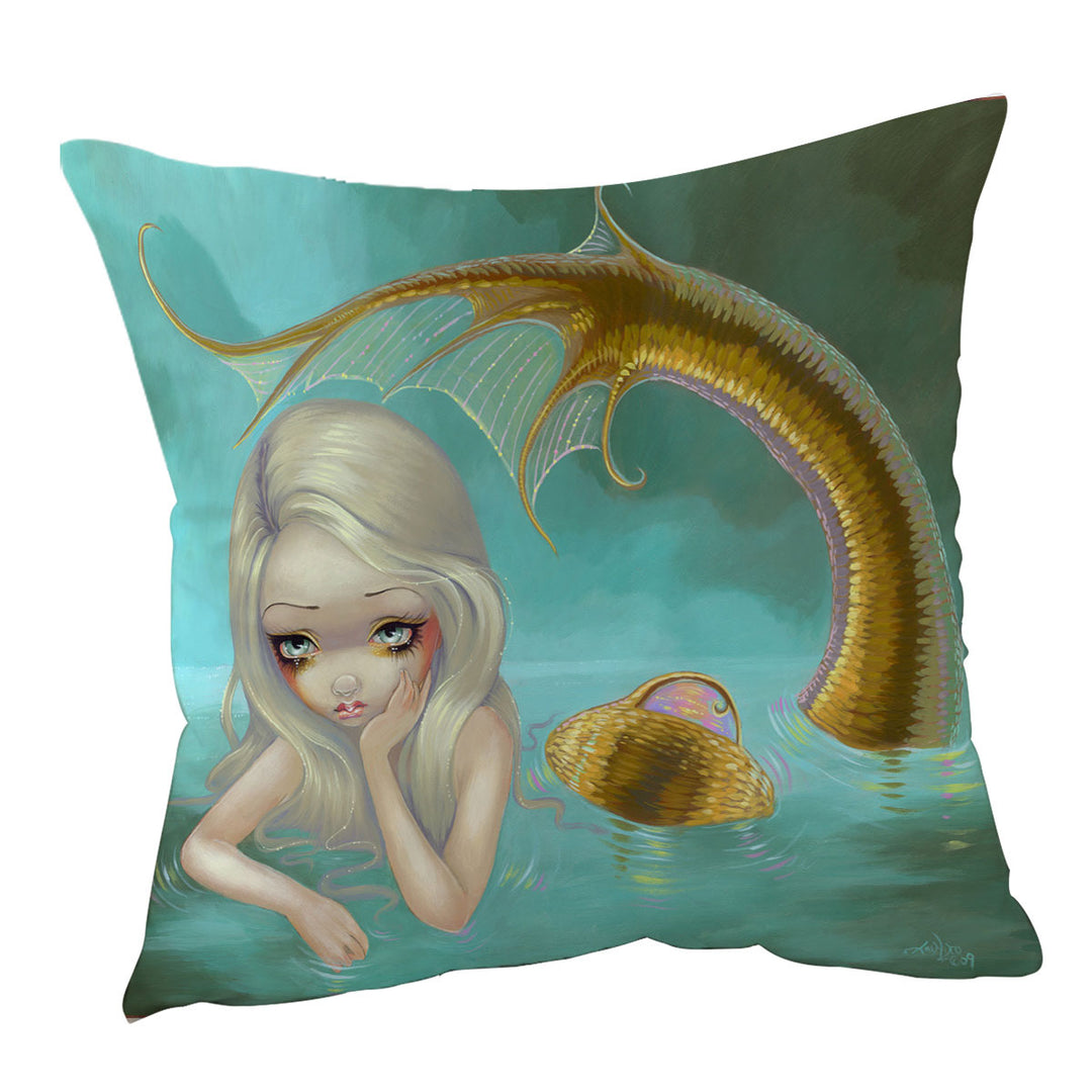 Fantasy Art Sad Looking Golden Mermaid Cushion Cover