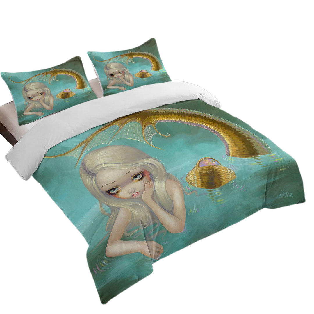 Fantasy Art Sad Looking Golden Mermaid Duvet Cover set