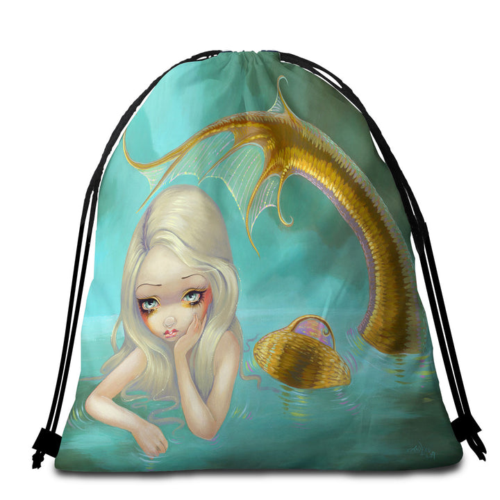 Fantasy Art Sad Looking Golden Mermaid Lightweight Beach Towel