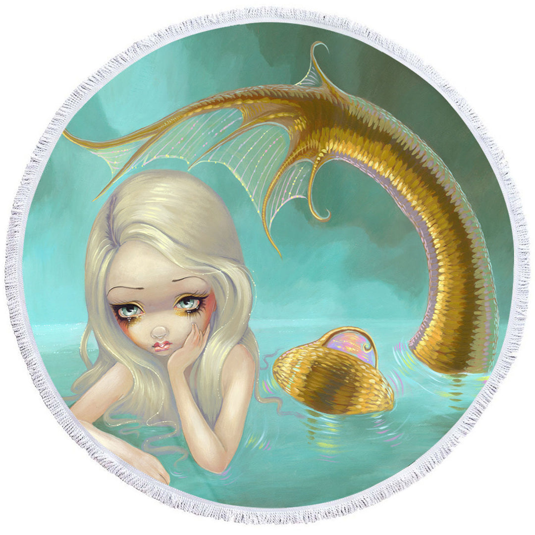 Fantasy Art Sad Looking Golden Mermaid Round Beach Towel