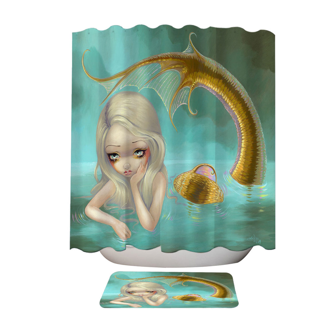 Fantasy Art Sad Looking Golden Mermaid Shower Curtain