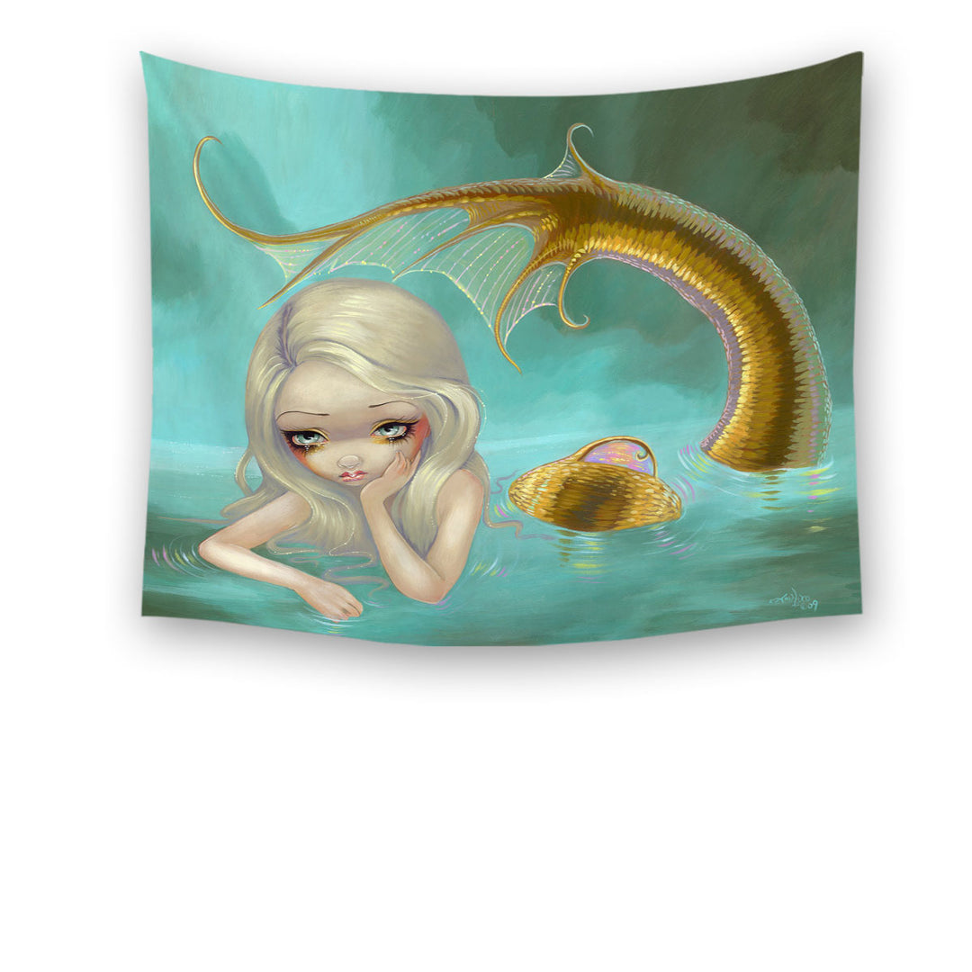 Fantasy Art Sad Looking Golden Mermaid Tapestry