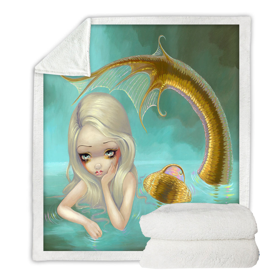 Fantasy Art Sad Looking Golden Mermaid Throw Blanket