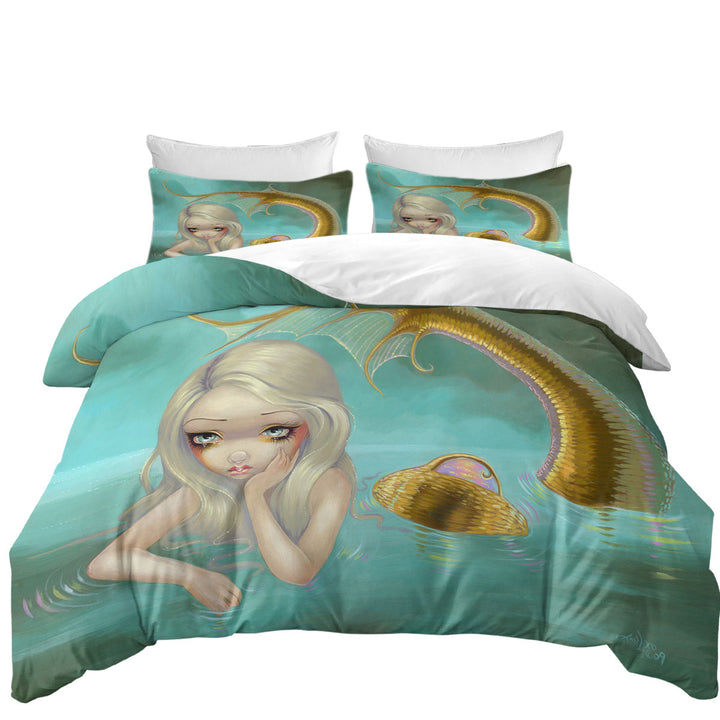 Fantasy Art Sad Looking Golden Mermaid full Size Duvet Cover