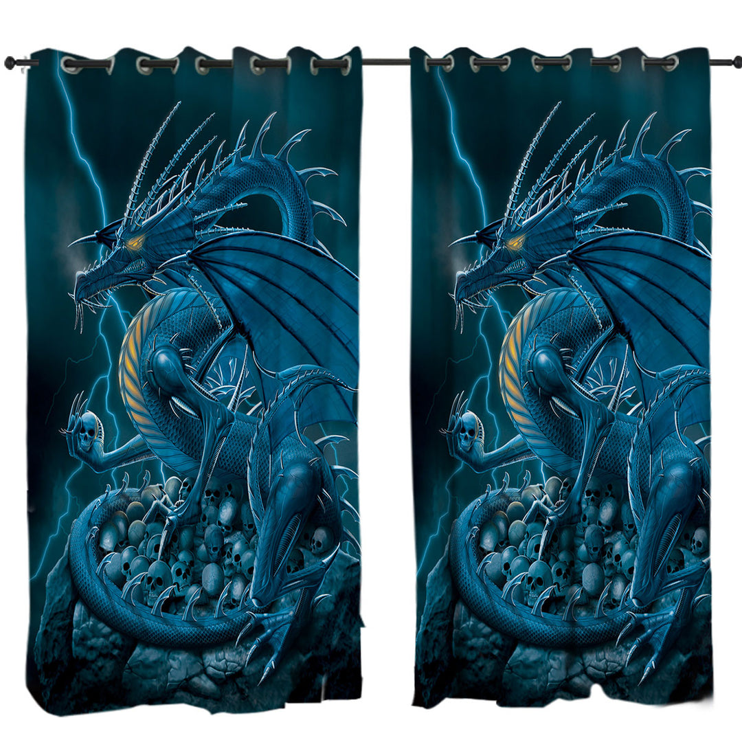 Fantasy Art Scary Human Skulls Blue Dragon Curtain