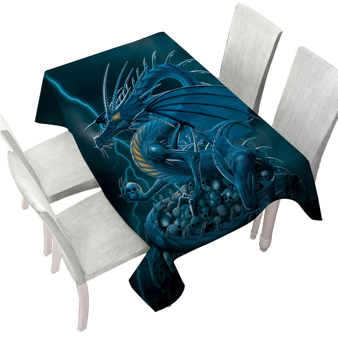 Fantasy Art Scary Human Skulls Blue Dragon Tablecloth