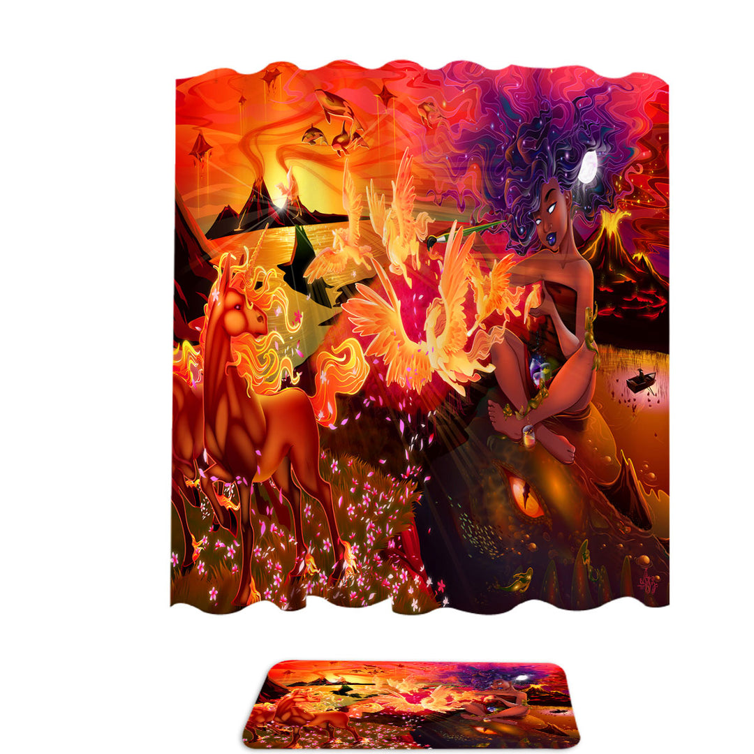 Fantasy Art Shower Curtains Unicorn Pegasus Volcanoes and Beautiful Artist
