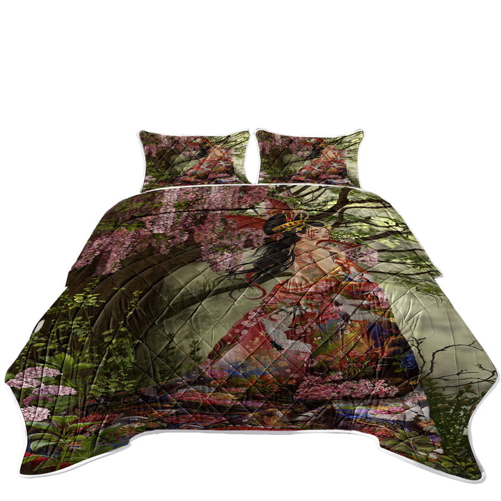 Fantasy Art Silk the Japanese Garden Fairy King Size Quilt Sets