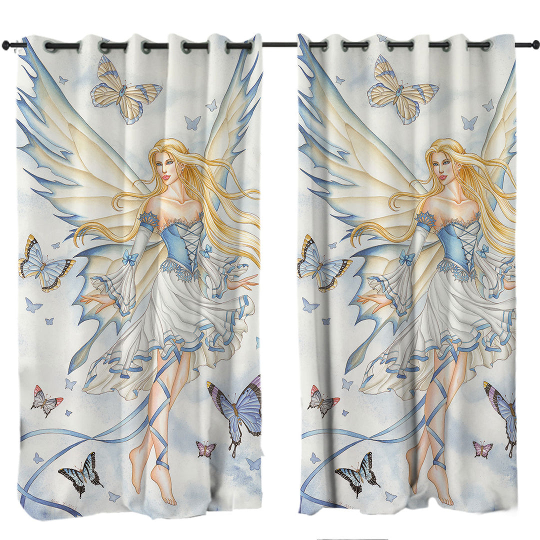 Fantasy Art Sky Blue Fairy and Butterflies Window Curtains