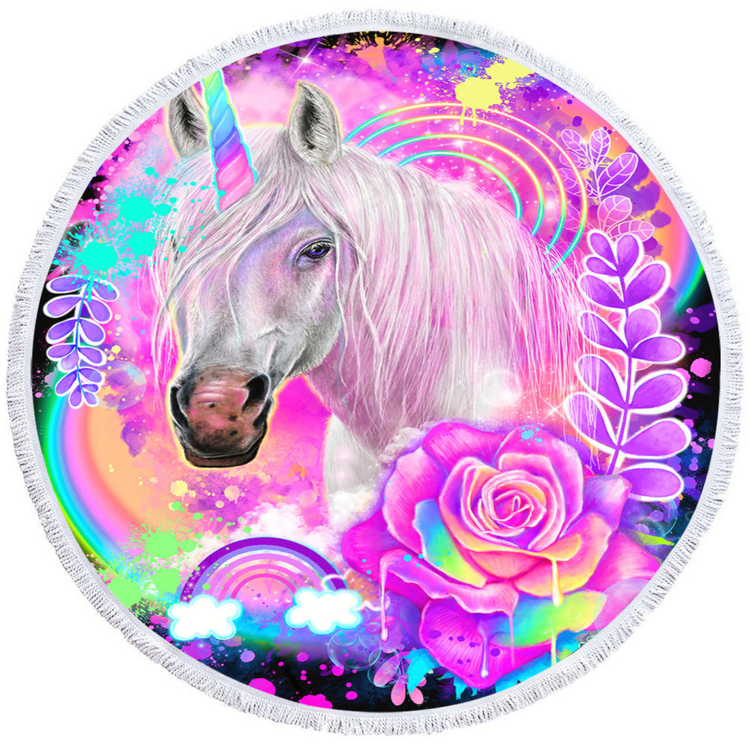 Fantasy Art Unicorn Girls Round Beach Towel